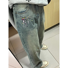 长裤美式泼墨刺绣水洗宽松直筒牛仔裤潮牌百搭裤子N226，男装牛仔裤，星座1116A（原606A-3）