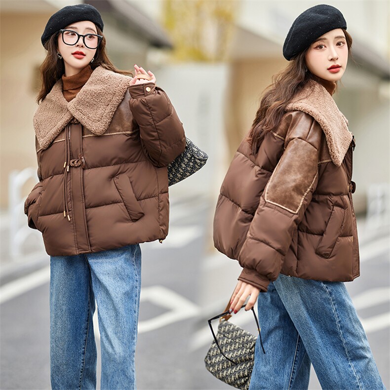 现货2023年冬季新款羊羔绒PU皮拼接加厚羽绒服大翻领宽松短外套女,女装羽绒服,仟媚宠