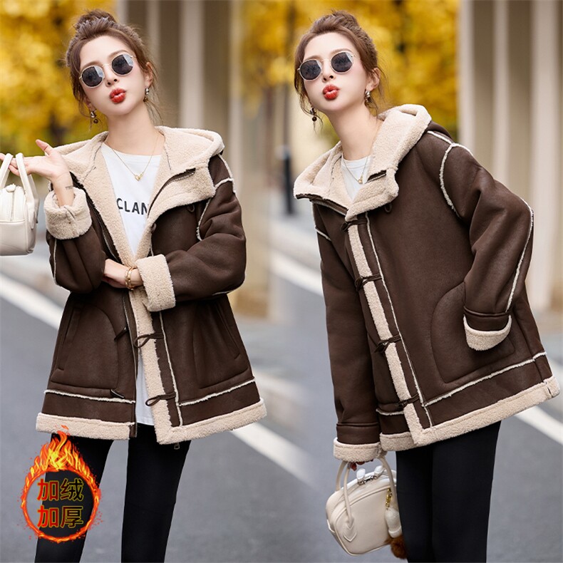 连帽羊羔毛外套女冬2024新款时尚休闲加绒加厚皮毛一体中长款棉服，女装羊羔毛/颗粒绒，美拉德工厂直营店