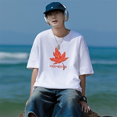 X5男女休闲新中式枫叶印花圆领半袖五分袖T恤衫大码TEE，男装T恤，星座115A-3