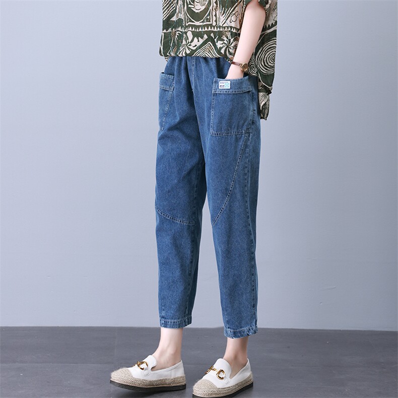 时尚宽松拼接水洗牛仔裤女高腰显瘦百搭休闲九分裤,女装牛仔裤,叶笙衣