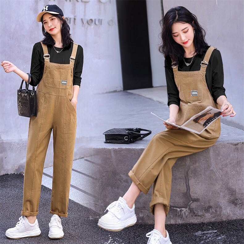 现货-工装背带裤2024秋季新款宽松时尚百搭减龄显瘦直筒长裤套装，女装连体裤，霓裳依族