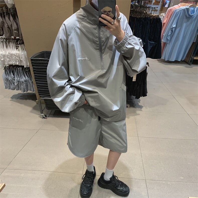 防晒套装男韩版潮流字母刺绣高街帅气2023新款五分裤夏W4922-P50,男装休闲套装,星座412-3