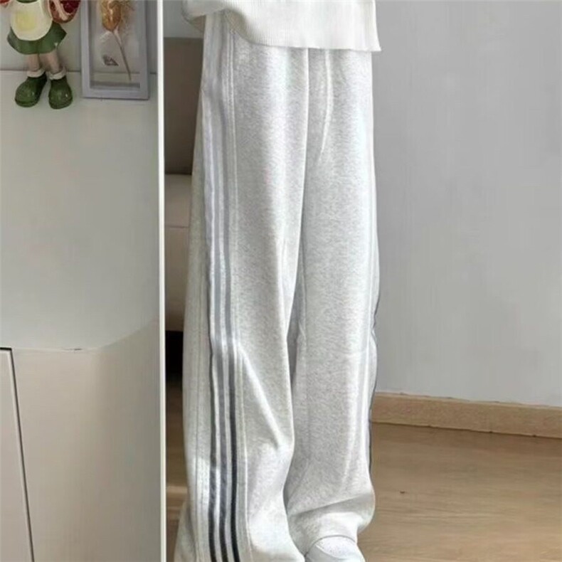 白花灰渐变条纹垂感裤子男款美式三条杠直筒运动休闲卫裤,男装休闲裤,星座506A