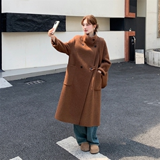 砖红色高级感过膝宽松大衣女中长款2025冬新款保暖休闲时尚外套，女装毛呢外套，欧黛芙妮