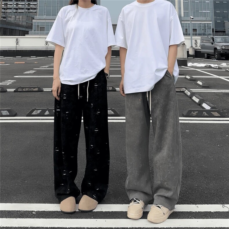 早秋新款美式破坏撞色休闲裤宽松阔腿直筒男女同款重磅卫裤弯刀裤,男装休闲裤,四季星座505