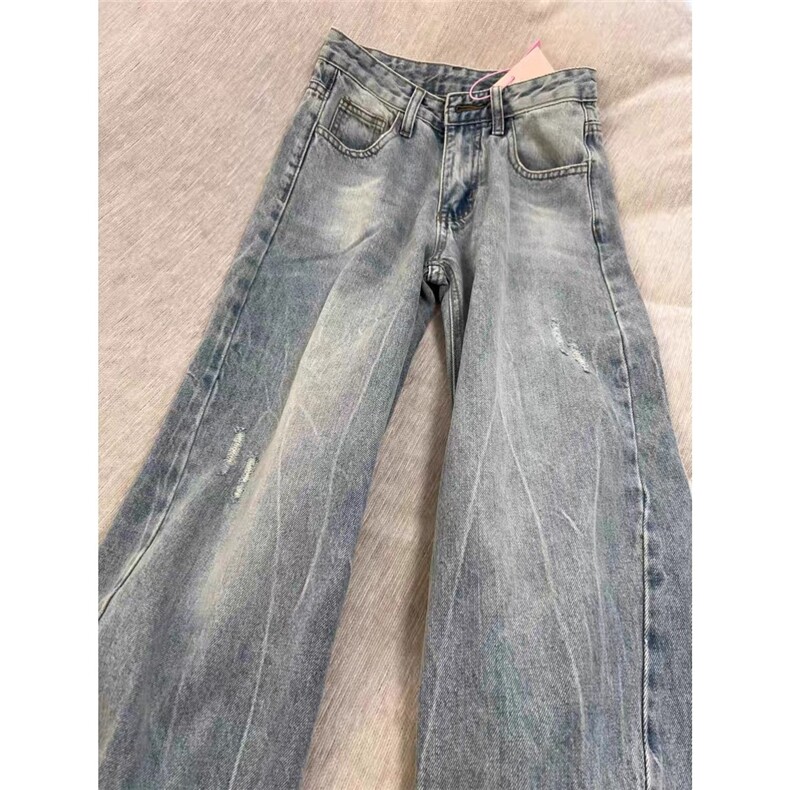 AK1868-P48美式复古新款高腰宽松显瘦百搭水洗破洞牛仔裤,女装休闲裤,星座617A-2