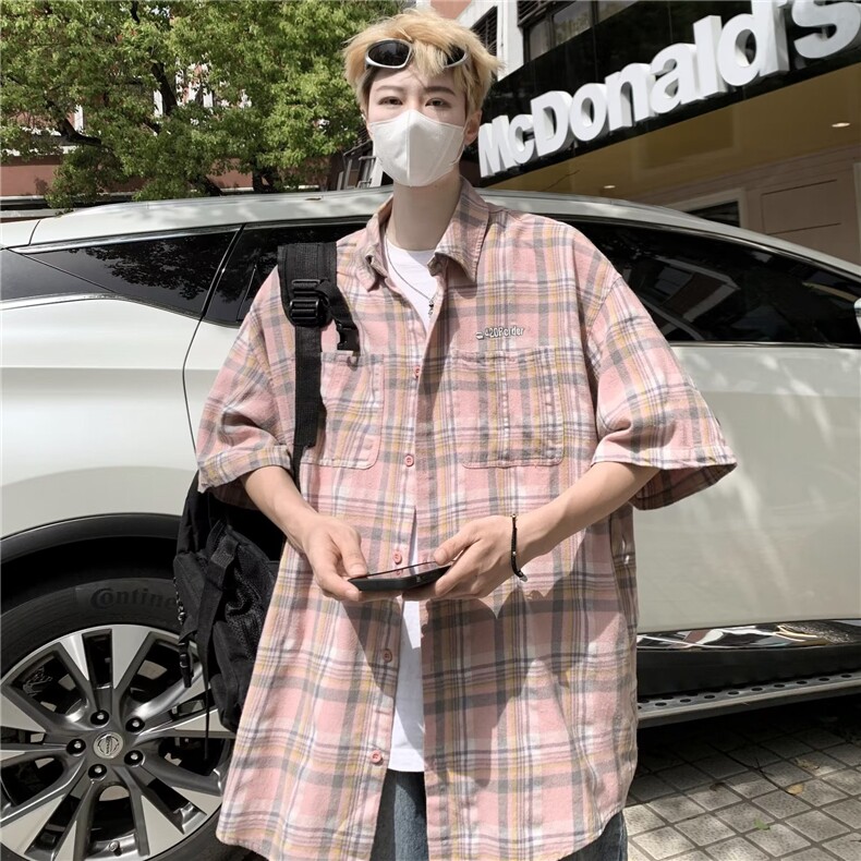 衬衫男短袖文艺格子拼色痞子帅2024夏季潮流ins韩版外套CY919-P35图片