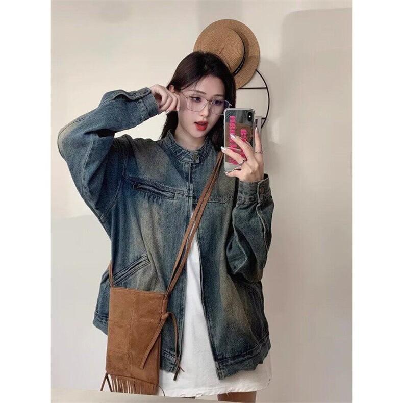 美式复古牛仔外套男女春秋宽松显瘦百搭水洗做旧开衫休闲夹克上衣图片