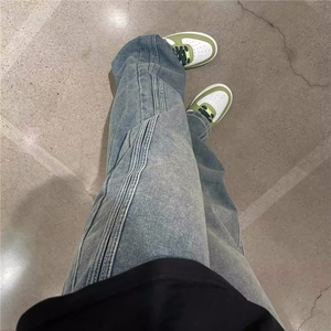 G3038-P48水洗美式复古织带条纹牛仔裤美式hiphop裤子男直筒裤潮图片