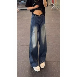 潮牌破洞牛仔裤男女微喇痞帅高级感弯刀裤SN693 P44图片