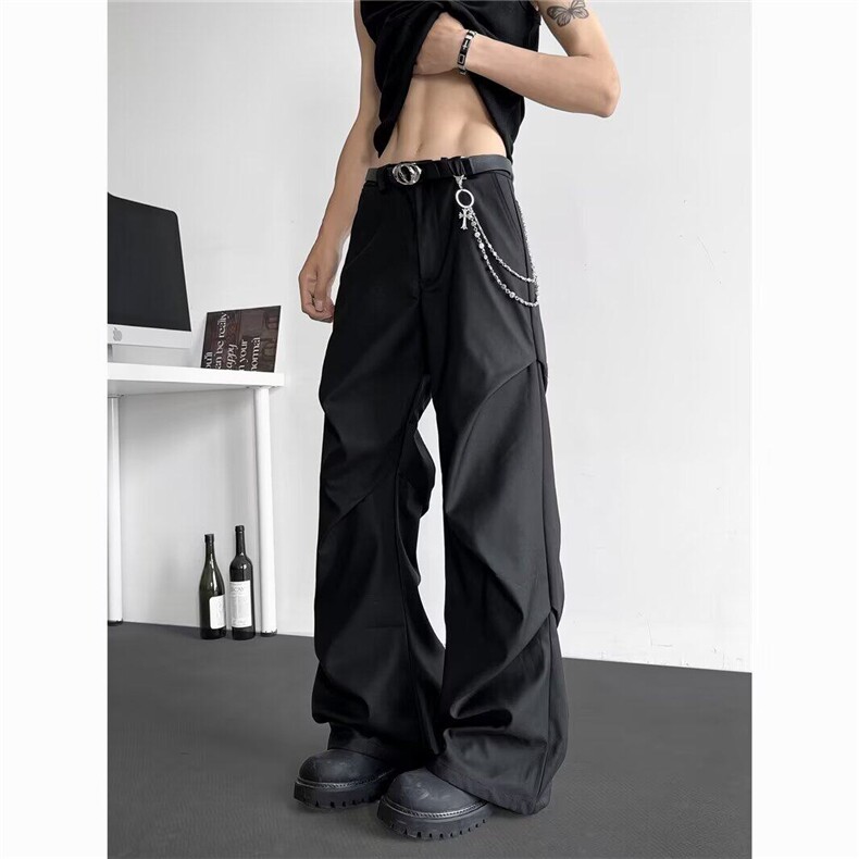 美式小众设计感褶皱西裤男女垂感微喇拖地阔腿休闲裤K6359-P51，男装西裤，星座412-2