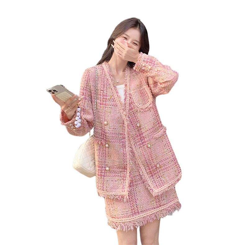 粉色粗花呢法式小香风女春季2025新款短外套A字裙时髦,女装毛呢外套,天使之佳话