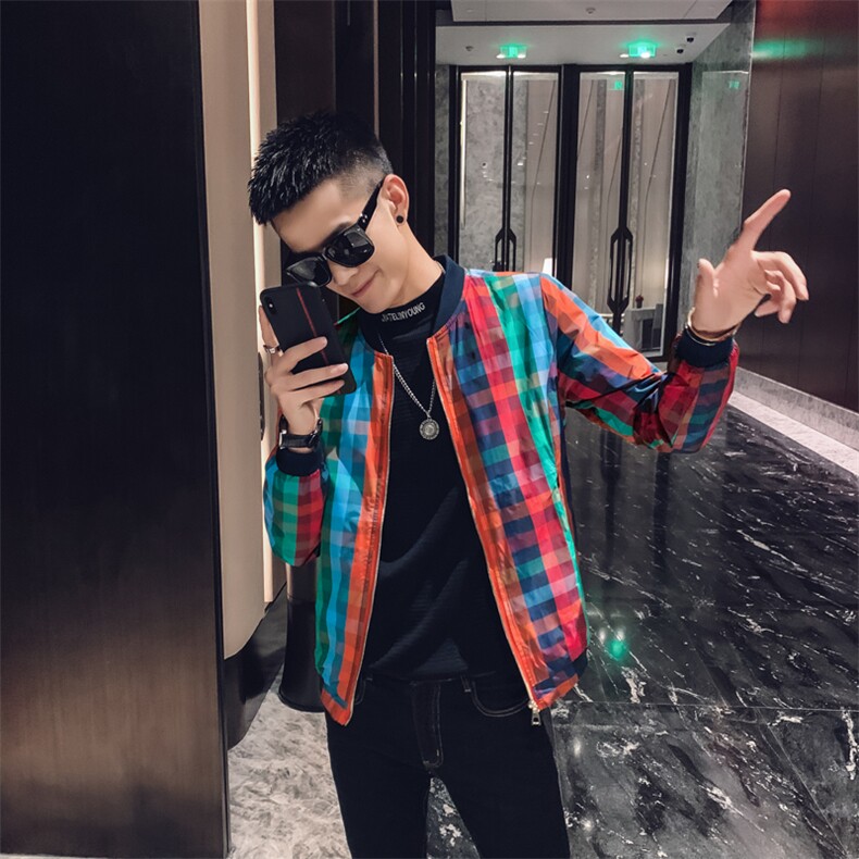 社会风春秋春装修身细方格撞色棒球领夹克B297-7190-P70,男装夹克,电商B297