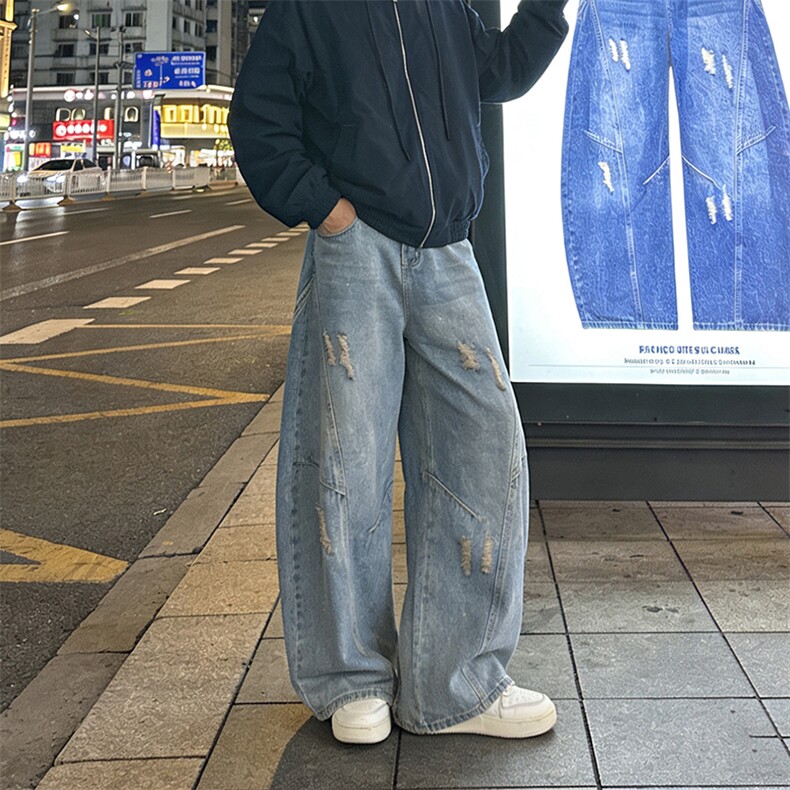 新款小破洞设计款线条弯刀裤牛仔裤男长裤A142-P45,男装牛仔裤,电商D312