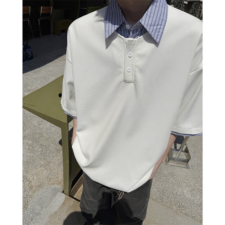 8XL-M假两件衬衫领短袖T恤大码夏季条纹拼接polo衫半袖DX1211/P45,男装Polo衫,电商B238