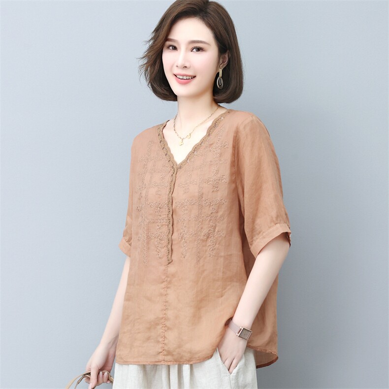 新款2026年夏季纯100苎麻刺绣上衣女中老年妈装妈妈装五分袖T恤衫,女装T恤,璐依舞