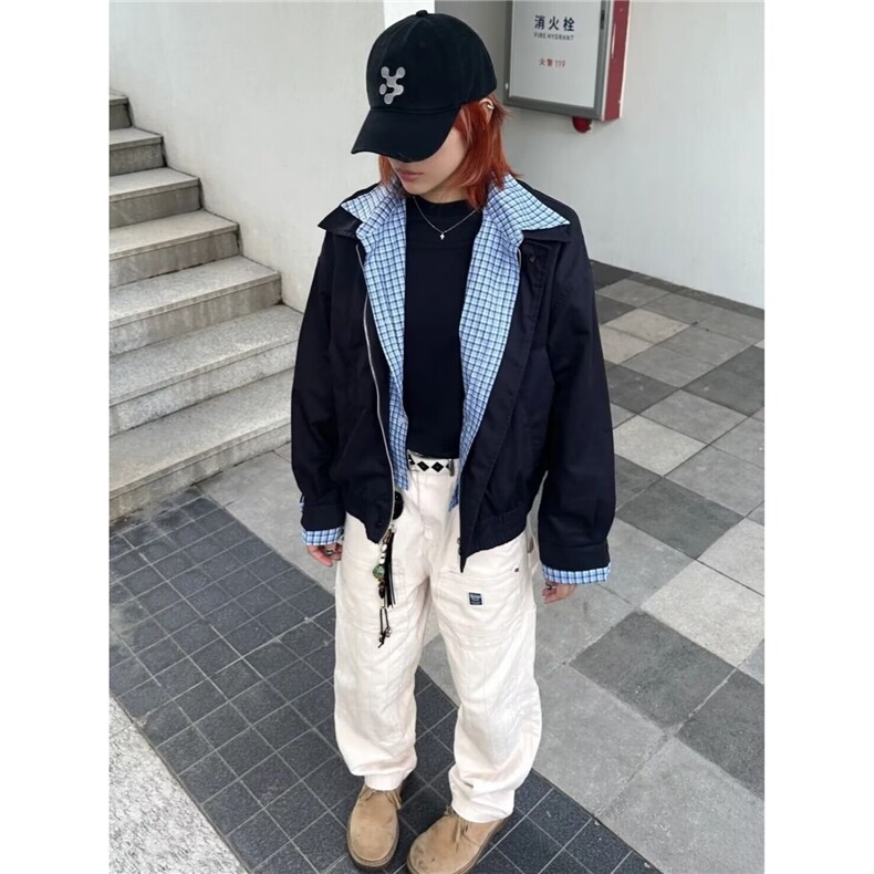 撞色拼接格子假两件夹克外套男女秋季翻领情侣开衫上衣图片