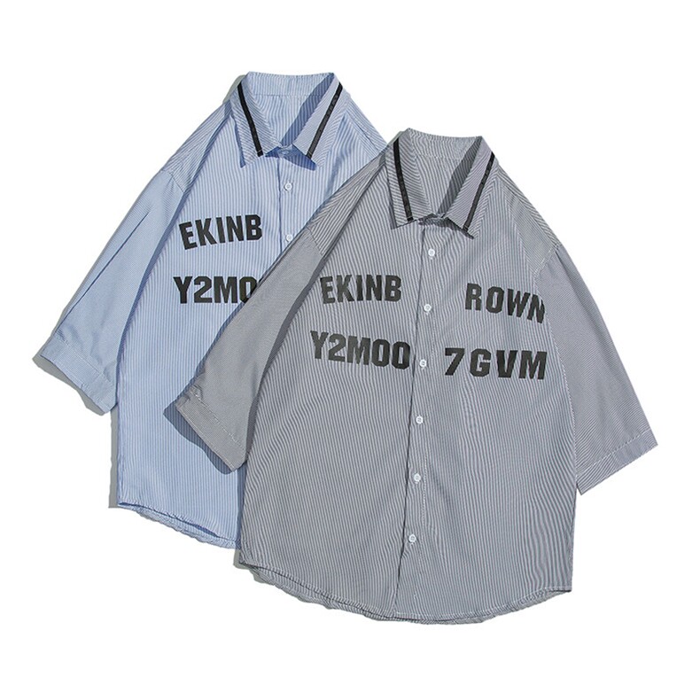 1白底竖条纹大码M-5XL日系潮流情侣七分袖衬衫男QCS7018P45控59,男装衬衫,星座226-2