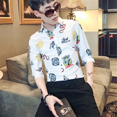 2021夏新款男社会风休闲衬衫修身七分袖发型师衬衣工作服D447，男装衬衫，星座419（原A233）