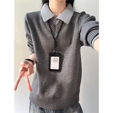 深灰色假两件V领毛衣男秋季美式复古慵懒风针织衫cleanfit毛线衣，男装针织衫/毛衣，星座516A