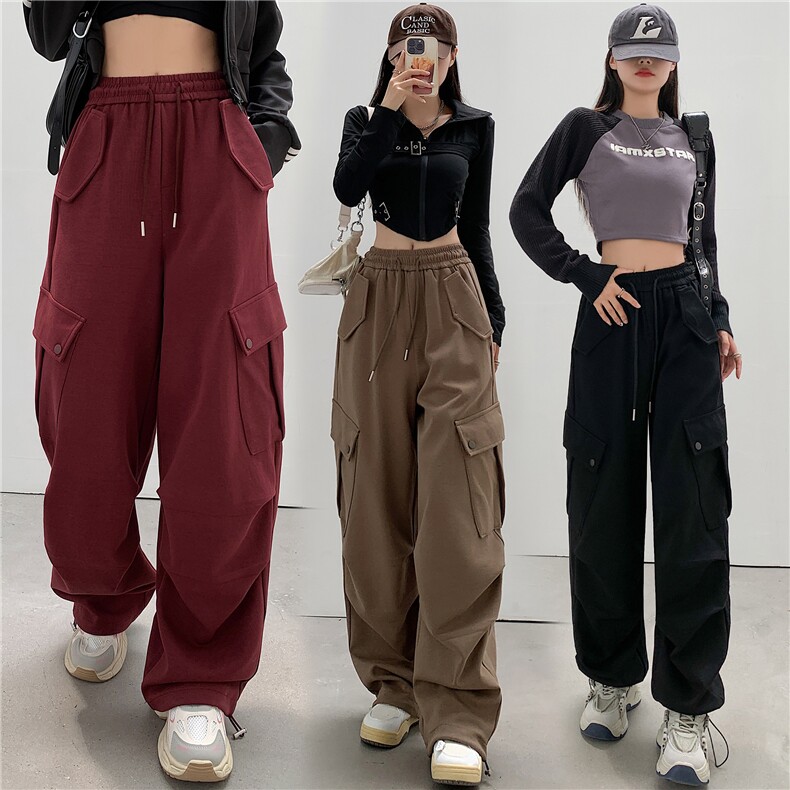 2023秋冬新款美式工装卫裤女宽松休闲复古红色束脚运动阔腿裤潮，女装休闲裤，梦白服饰厂