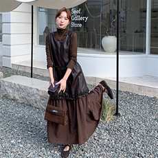 法式复古气质休闲连衣裙套装女秋季2025新款打底衫背心皮裙两件套，女装套装/套裙，橙子家