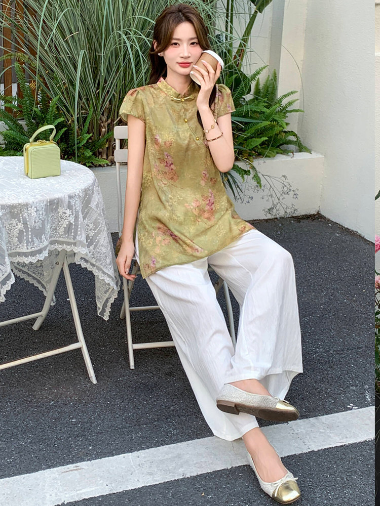 新中式g风套装女2026夏季流行复古印花盘扣旗袍上衣阔腿裤两件套,女装套装/套裙,超帛