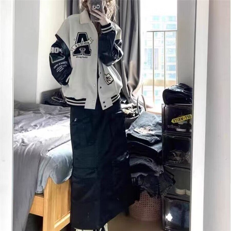 长袖宽松型常规美式复古翻领刺绣棒球服外套单排扣口袋单件慵懒,男装夹克,星座506A