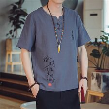 T85*2021夏季男士中国风古风绣字棉麻盘扣短袖T恤衫浅灰*P38，男装T恤，星座1516（原B303）