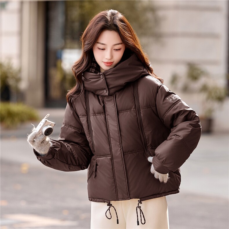 现货冬装新款简约时尚保暖休闲拼接连帽PU加厚棉服棉衣外套,女装棉衣/棉服,韩美纤衣