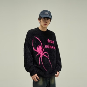 原创蜘蛛毛衣秋冬季美式复古蜘蛛提花水貂绒圆领毛衣男高街情侣款图片