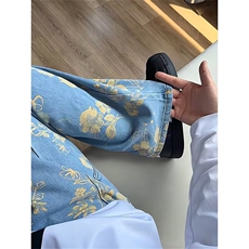 重工满印花卉图案牛仔裤宽松阔腿裤牛仔裤1001-1-FA486-P52，男装牛仔裤，星座1001-1