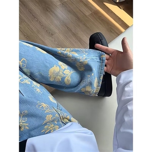 重工满印花卉图案牛仔裤宽松阔腿裤牛仔裤 1001-1-FA486-P52图片