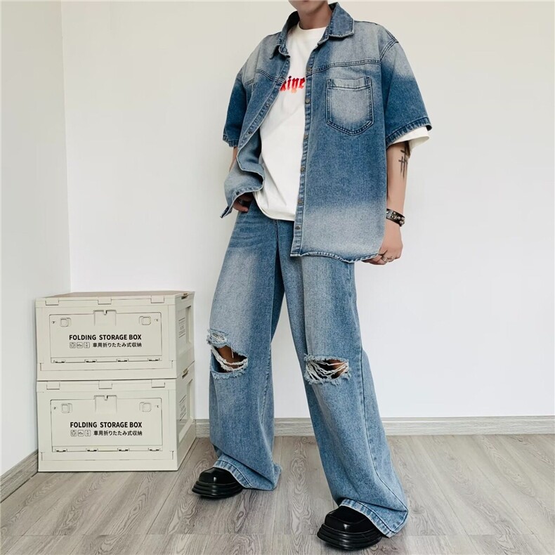 美式复古小众做旧牛仔衬衫男高街痞帅潮牌破洞牛仔裤衣服一套搭配,男装牛仔裤,星座410-6（原星座1304-1）