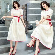 2021夏季新款时尚气质减龄撞色拼接圆领系带收腰显瘦修身连衣裙，女装连衣裙，艾尚靓装