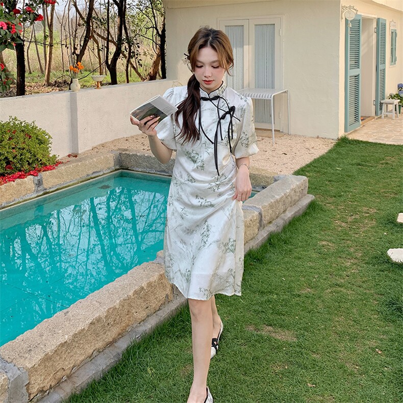 夏季新款优雅复古旗袍连衣裙修身显瘦支持退换货，女装连衣裙，灵力轩