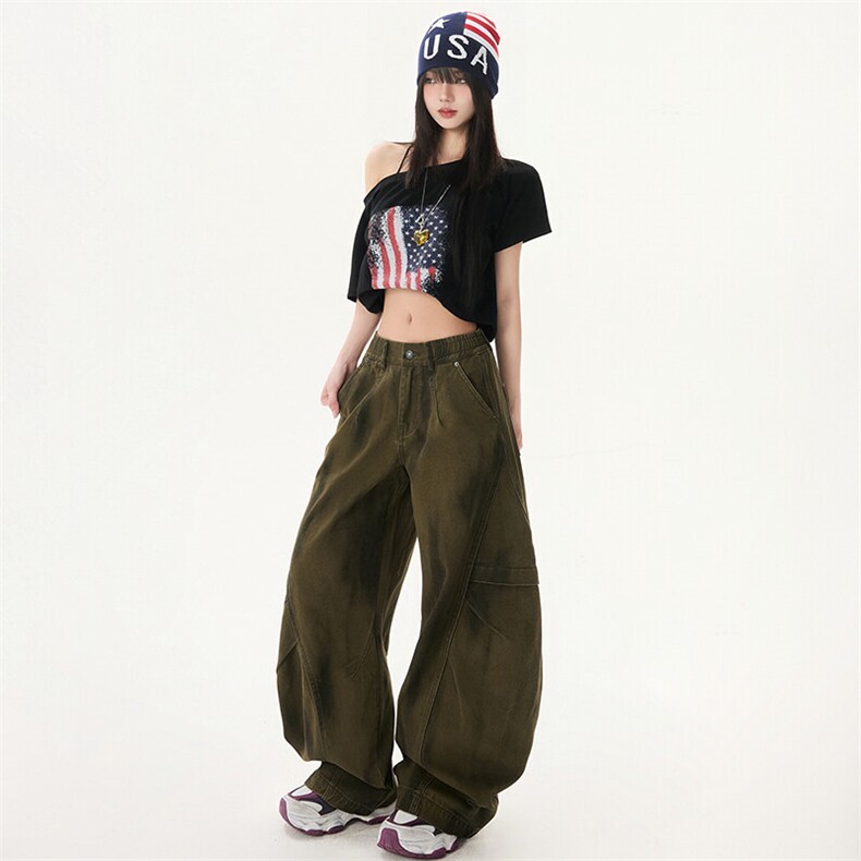 美式复古褶皱弯刀工装裤男女夏季新款休闲宽松阔腿长裤YD9020-P70,男装牛仔裤,星座509