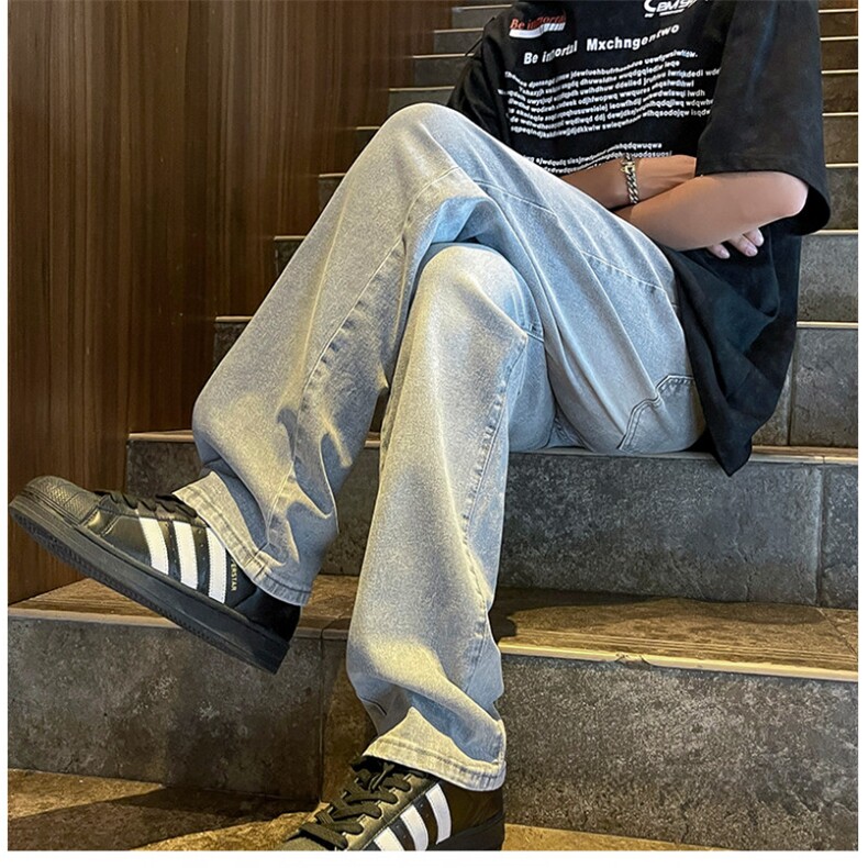 夏款男牛仔裤复古水泥色宽松微喇叭长裤NK0906 P45图片