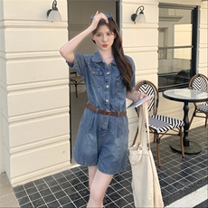 牛仔工装连体短裤女2023夏季新款小个子高腰显瘦气质阔腿连衣裤子，女装连体裤，2D076