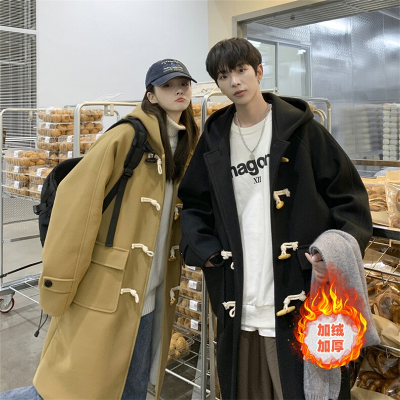 24新款加绒加厚长款牛角扣连帽毛呢大衣504-F16-P120控158，男装毛呢大衣，星座504