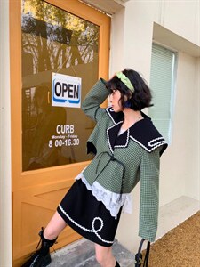 大翻领绿格纹套装，女装职业装，YOUER DENG