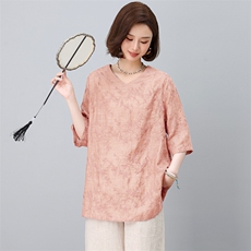 显瘦亚麻中长宽松中年妈妈女装2025新款t恤夏季短袖打底上衣棉麻，女装衬衫，独衣靓