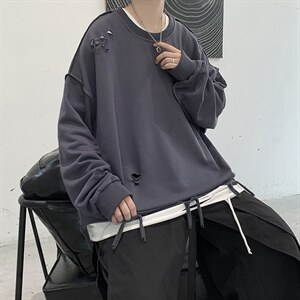 WY33 (破洞）OVERSIZE圆领假两件卫衣 大皂短句 P75 控价95图片