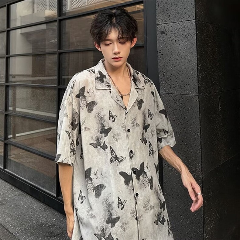 夏威夷水墨蝴蝶印花衬衫男短袖夏季海边穿搭防晒衬衣冰丝薄款外套,男装防晒衣,星座506A