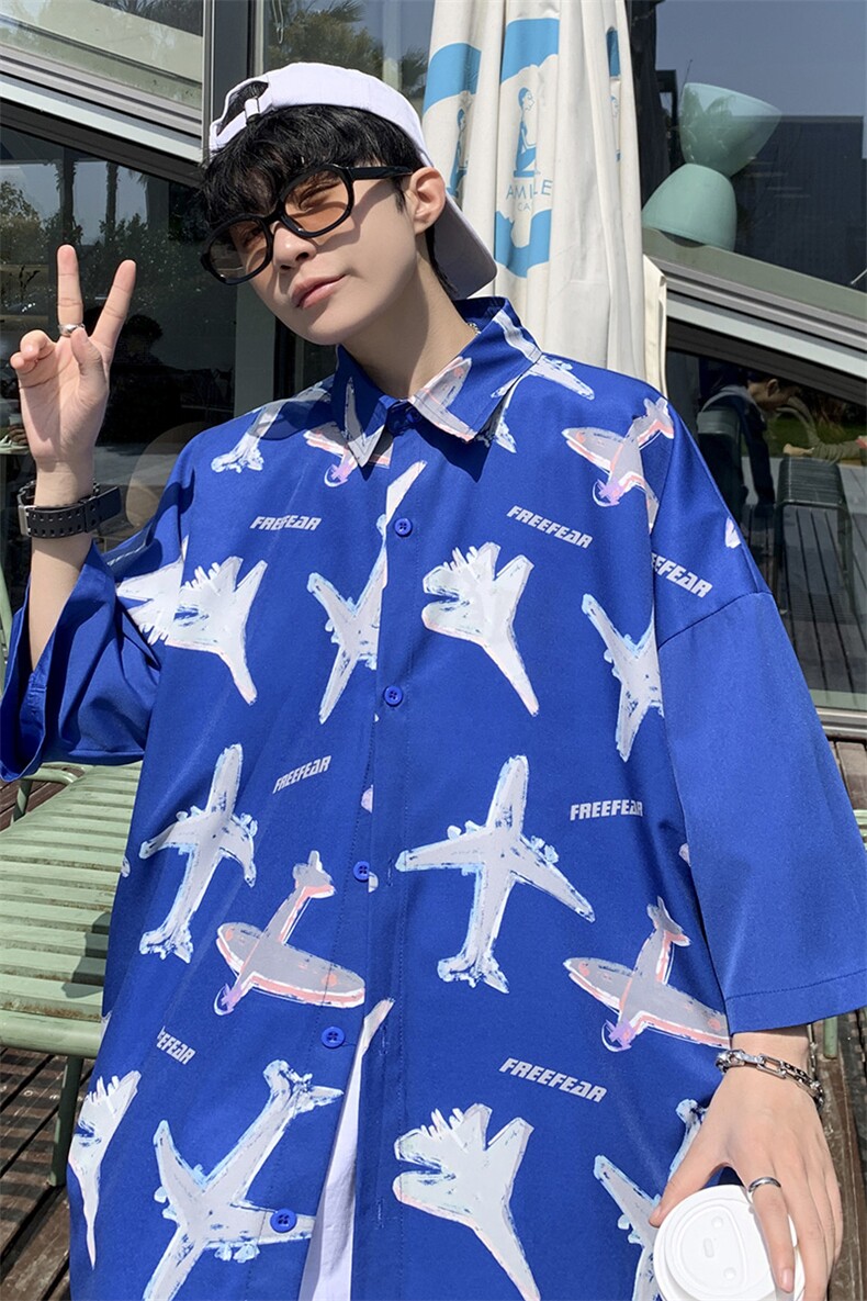 港风宽松男士满意飞机冰丝衬衫宽松短袖衬衫A071-C30-P38,男装衬衫,电商A071