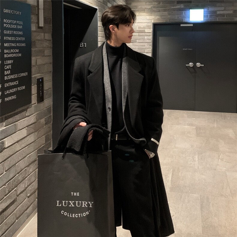 设计感雪花毛呢大衣男冬季加厚长款过膝英伦风衣呢子外套男生帅气，男装风衣，星座710