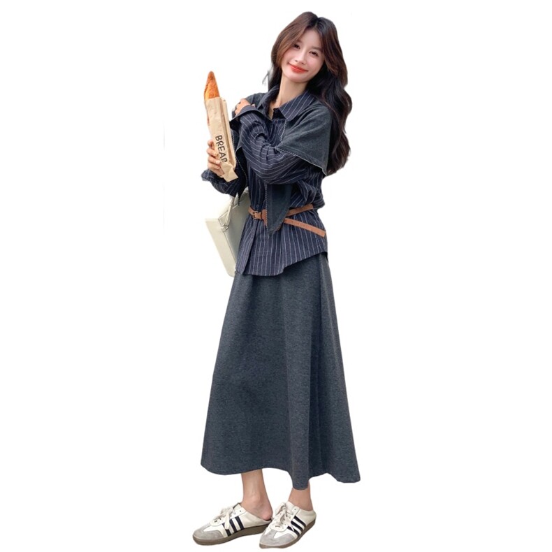 现货/条纹衬衫+披肩+腰带+半身裙套装2C233-5828-P180-K269,女装套装/套裙,2C233