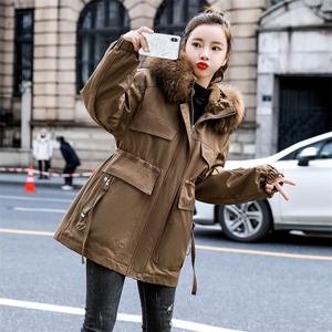 棉衣/棉服2021新款冬仿羊羔毛中长款工装带帽派克服女外套图片