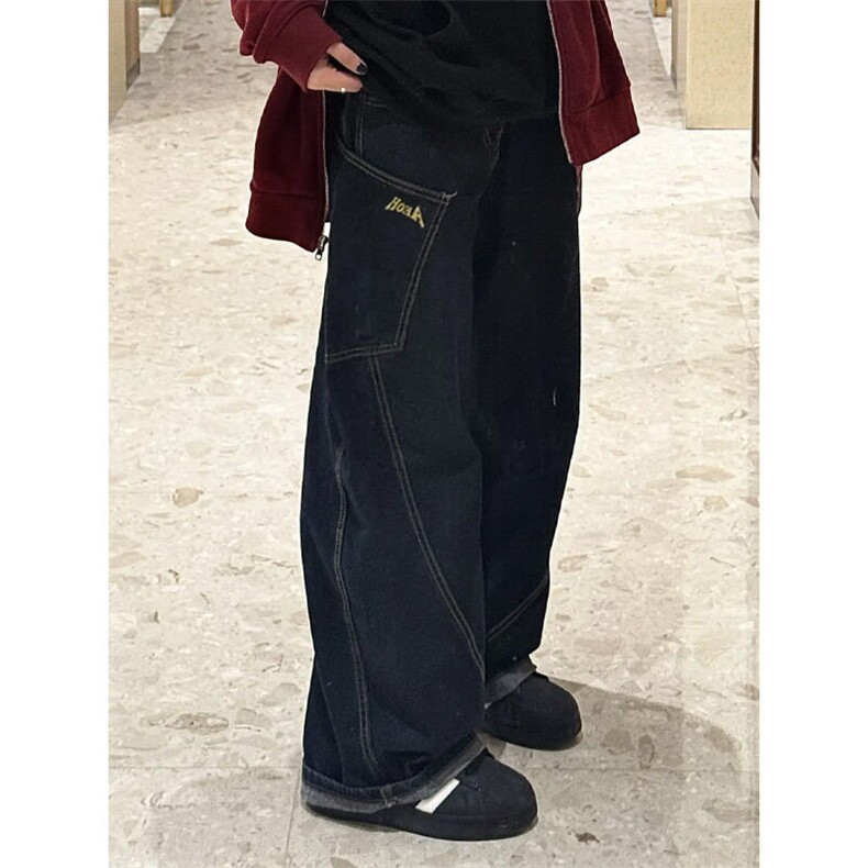 XK3155LL-特P58复古格子拼接牛仔裤高街弯刀直筒裤拖地阔腿裤子,男装牛仔裤,星座1007（原301D）